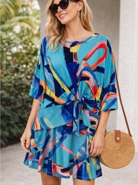 Clara Sun Woo 2PC Layered Outfit Set Abstract Dress Tie Top L USA